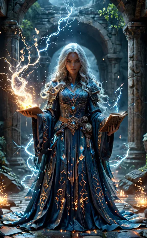 1 Sorceress, middle aged, A Sorceress wearing silk robes who casts water magic in one hand and lightning magic in the other, ato...