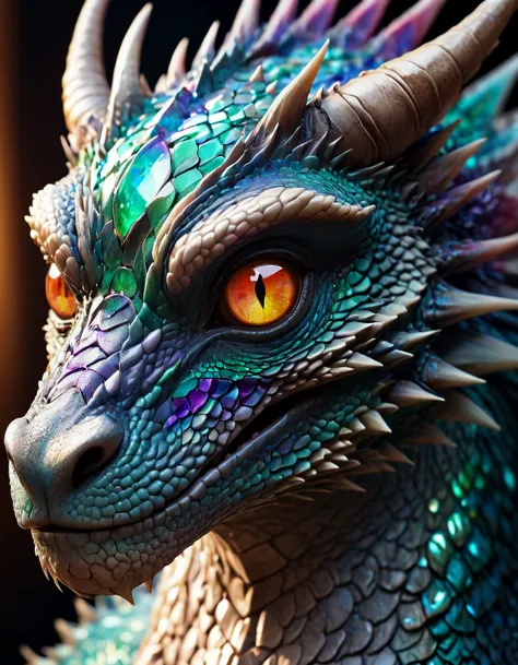 A beautiful portrait photograph of a dragon with Алмаз and драгоценный каменьstone scales, опаловые глаза, кинематографический, драгоценный камень, Алмаз, кристалл, фэнтези-арт, Гипердетализированная фотография, блестящая чешуя, разрешение 8к,