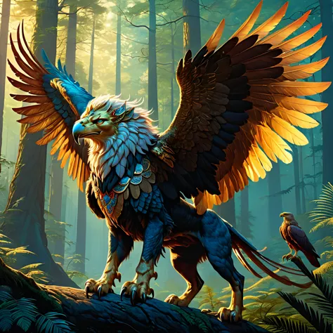 un très détaillé, représentation complète du corps d&#39;un griffon, présentant un mélange de corps de lion, tête et ailes d&#39;aigle dans un cadre forestier spectaculaire sous un ciel chaud du soir, lisse, vibrant, peinture numérique, mat, netteté, par artgerm, Greg Rutkowski et Zdislav Beksinski, avec une pointe de réalisme magique, détails exquis, y compris les plumes, fourrure, et des serres, où le griffon est prêt à s&#39;envoler, tendance sur artstation, enregistrer l&#39;image en qualité 4K UHD 