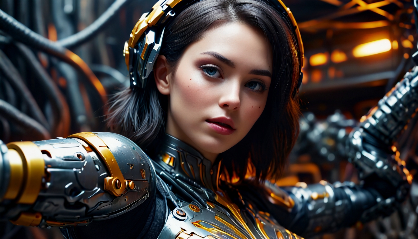 A close up of a woman in a futuristic suit holding a gun - SeaArt AI