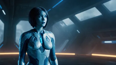 breathtaking Cinematic scene, hero view, Cortana <lora:cortana_xl_v3:1>, action pose, detailed background, masterpiece, best qua...