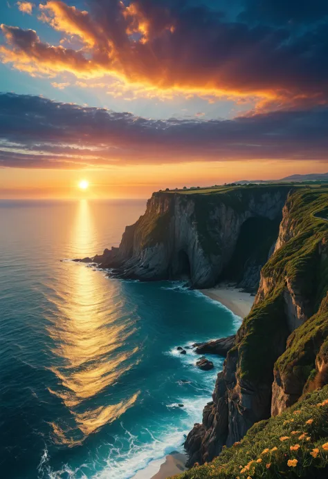 a fantasy photograph of a serene landscape, ocean cliffside, sun setting on the horizon, 4k
