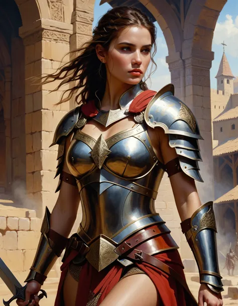 Photo of a beautiful girl as a warrior, model shoot style, extremely detailed CG unity 8k wallpaper, full body shot of the most ...