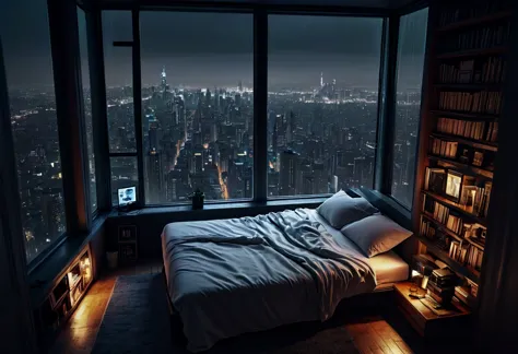 Esthétique maussade, beau et confortable, chambre exiguë avec des baies vitrées donnant sur une ville cyberpunk la nuit, vue du haut du gratte-ciel, draps blancs, étagères, orage dehors avec pluie torrentielle, détaillé, haute résolution, photoréaliste, sombre, sombre,