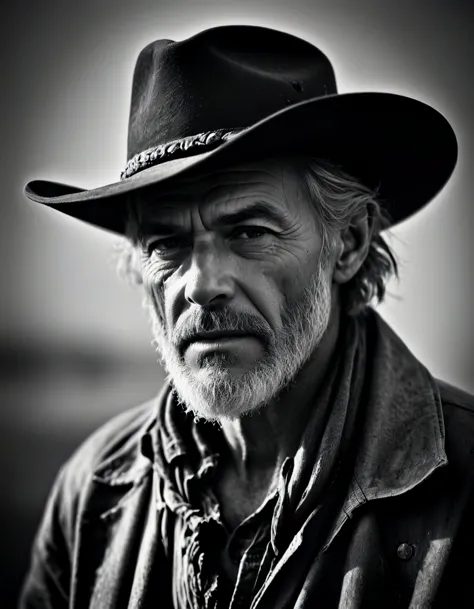 Film noir style grizzled old cowboy, cowboy shot, old stetson cowboy hat, bandana around his neck, skin pores, pores, stringy gr...