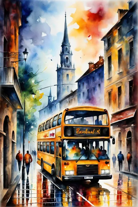 painting of a city street with a bus and a bus on it, a watercolor painting by leonid afremov, featured on artstation, modern eu...
