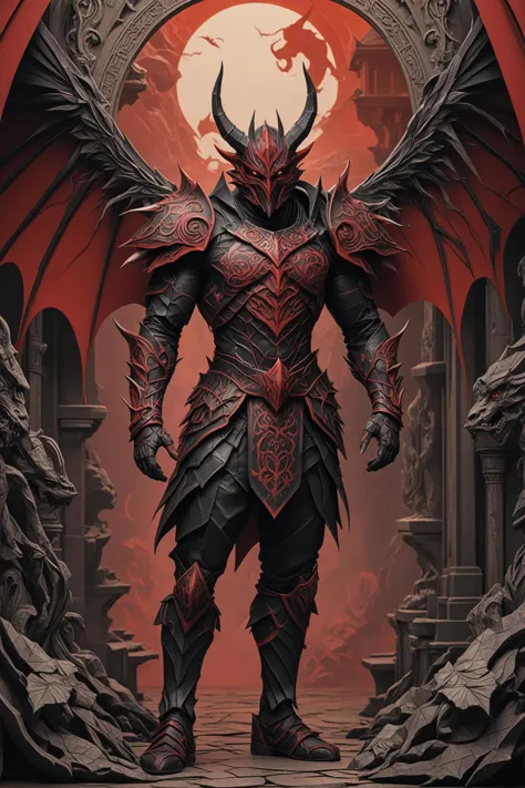 L'image, de style origami, représente un homme musclé vêtu d'une tenue de fantasy.. Il porte une armure noire et rouge élaborée avec des motifs détaillés., ainsi que d'un motif de dragon proéminent sur sa poitrine.. Le casque qu'il porte est doté de cornes diaboliques,, renforçant ainsi l'aspect fantastique de sa tenue.. Son visage arbore des yeux rouges et des tatouages complexes qui complètent le thème général du personnage.. L'arrière-plan semble être un décor intérieur avec des éléments architecturaux., L'environnement semble être un château ou un palais,. La composition de l'image semble mettre en valeur la force et la férocité du personnage tout en l'immergeant dans un monde fantastique.. . art du papier, papier plissé, plié, L&#39;art de l&#39;origami, plis, couper et plier, composition centrée