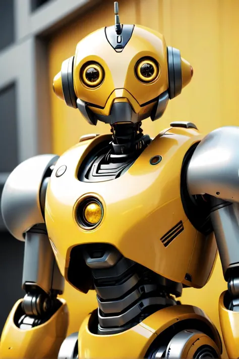 eine Nahaufnahme eines Roboters mit einer Reihe gelber Roboter im Hintergrund, Wunderschönes Roboter-Charakterdesign, Blechspielzeug Charakterdesign Roboter, robot, gelber Mech, Ratsche und Klammer, the golden humanoider Roboter, Roboter-Overlord im Jahr 3499, aufwendiger epischer Roboter, Roboter in Form einer Gummiente, humanoider Roboter