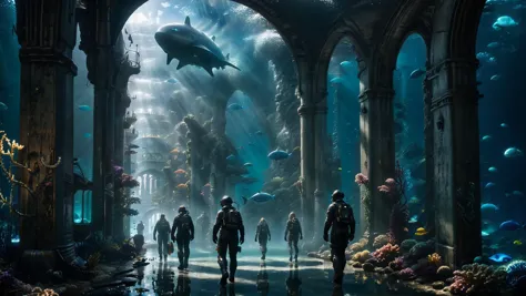 Filmisches Foto einer großen dynamischen, futuristischen Unterwasserstadt im Stil von Atlantis, weiter Ausblick, ultra-detaillierte Texturen, Meeresbewohner, Wasserreflexionen, U-Boot-Autos, Menschen in Taucherausrüstung auf den Bürgersteigen, futuristische dunkelhellblaue Götterstrahlen