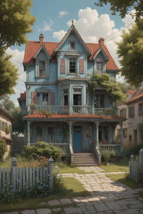 dystopian style (masterpiece, best quality, ultra detailed), intricate details, the painting depicts a quaint and charming house...