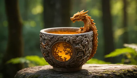 Photo of artistic stone cup with 3D carvings, little dragon theme with forest background, decorated with amber accents, masterpi...
