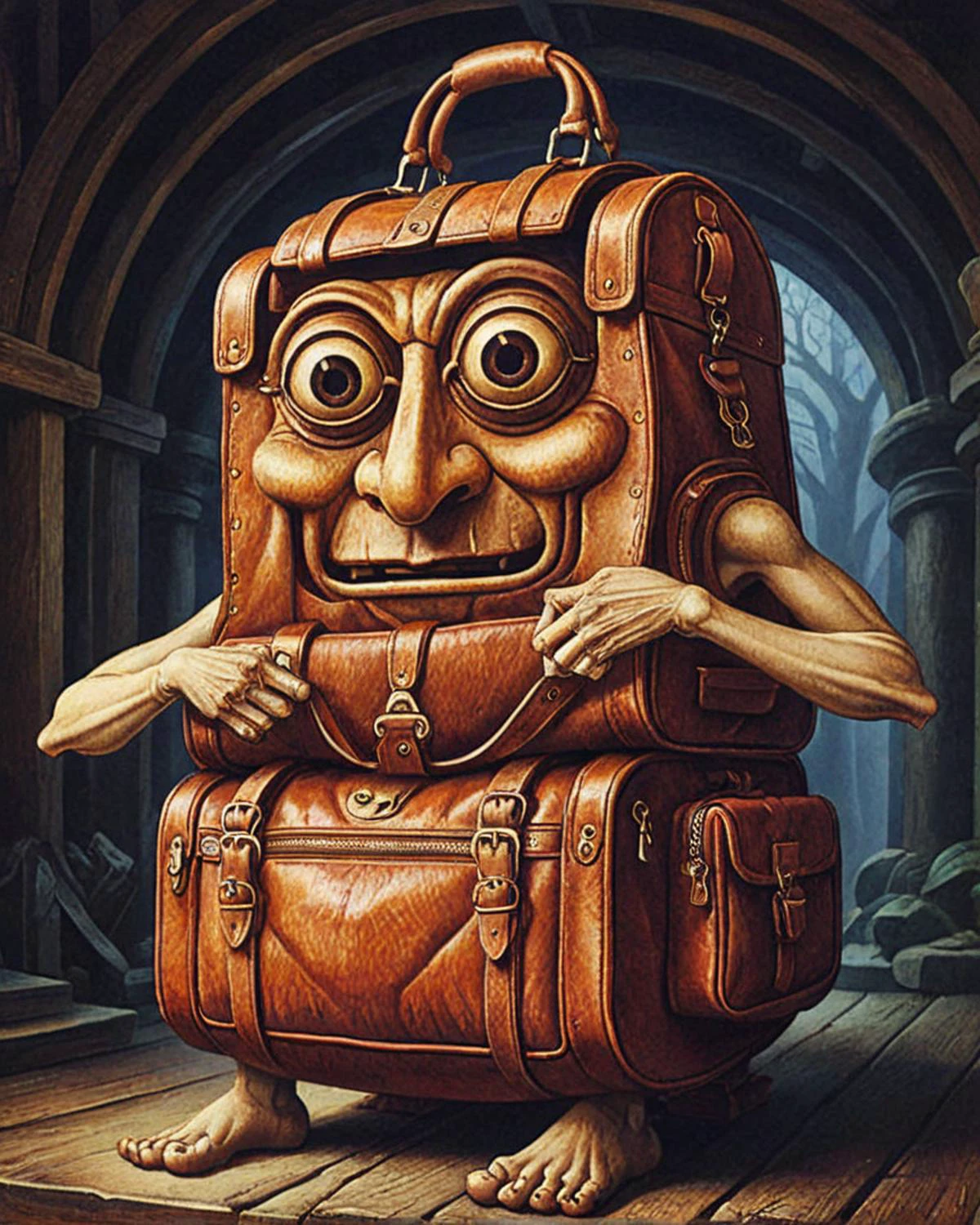 machinalia, anthropomorphic, Duffel bag, magical atmosphere, highly detailed, vivid colors, sublime, set logical ambient background, perfect symmetry, dynamic composition, highly color focused, highly decorated