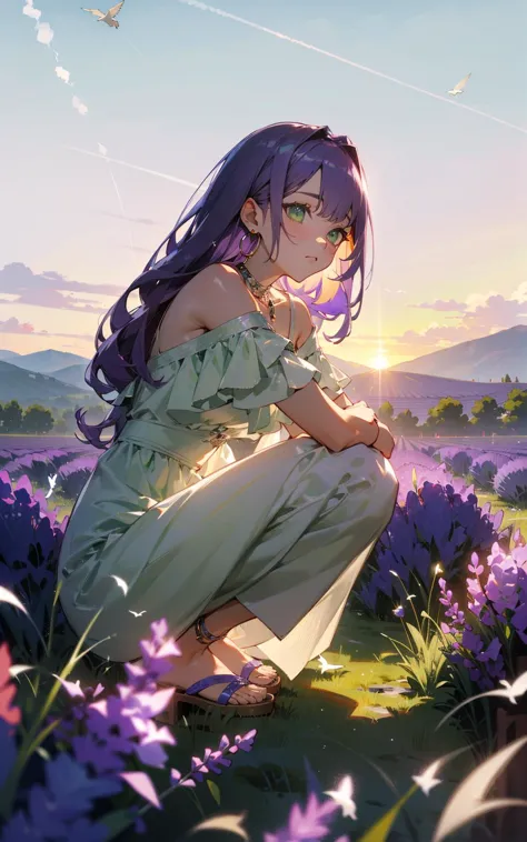 anime girl kneeling in a field of flowers with a bird flying overhead