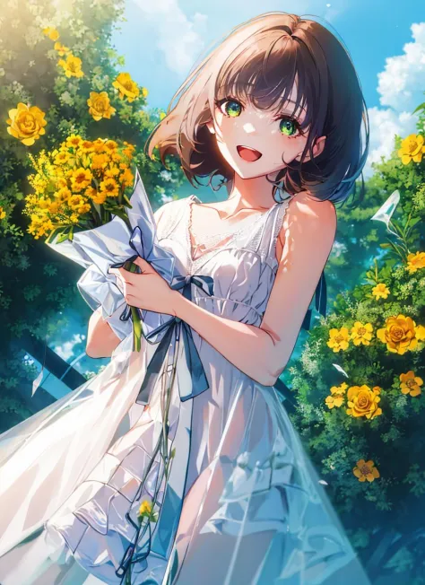 1girl, dress, flower, solo, yellow flower, holding, bouquet, outdoors, brown hair, holding bouquet, smile, looking at viewer, op...