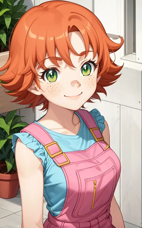 1girl, sxfrances, short hair, orange hair, green eyes, freckles, red overalls, blue_shirt, smile, solo, looking at viewer <lora:...