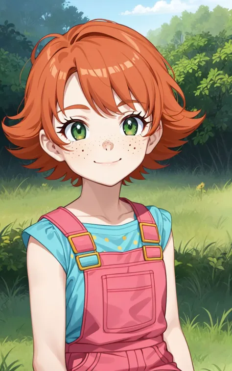 1girl,sxfrances,short hair,orange hair,green eyes,freckles,red overalls,blue_shirt,smile,solo,looking at viewer <lora:frances-v2...