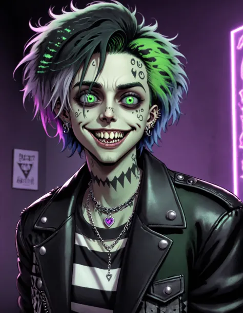 a close up of a person with green hair and a black jacket