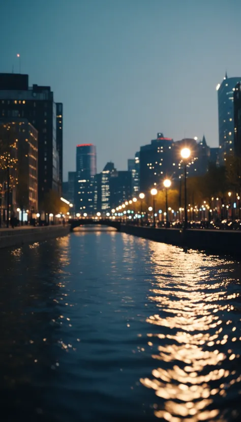 nighttime view of a city street with a river and lights