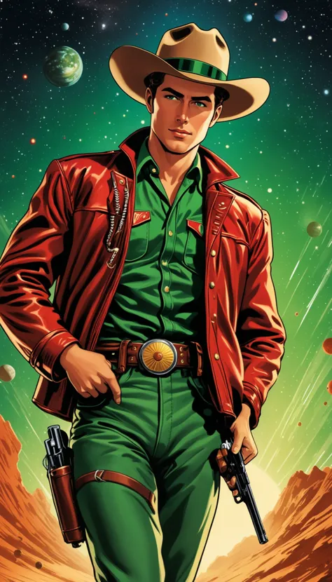 a man in a cowboy hat and green shirt holding a gun