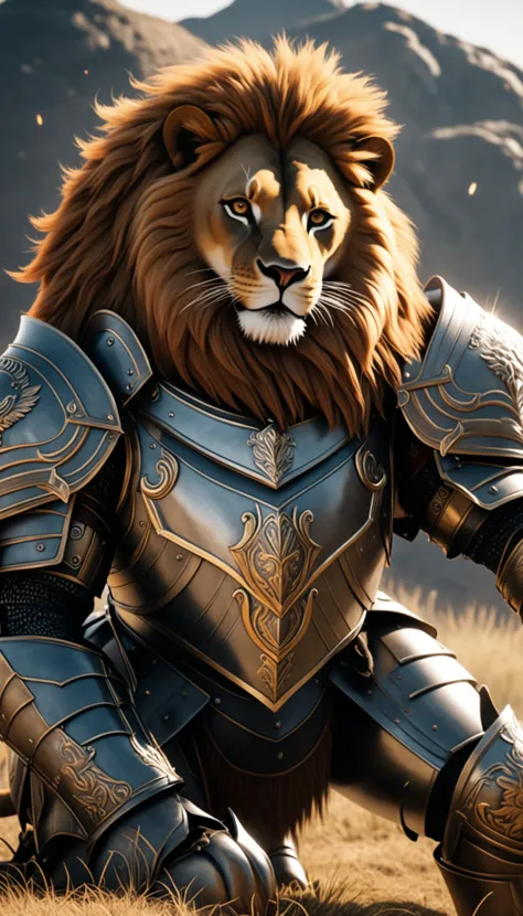 a close up of a lion in armor on a field