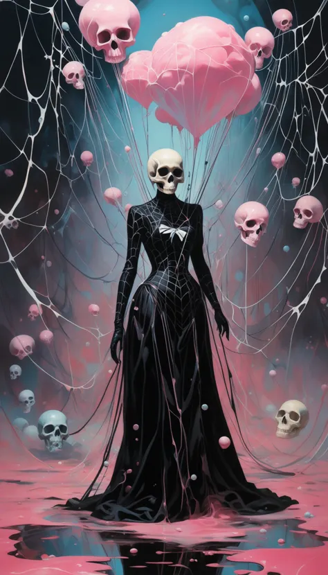 a painting of a woman in a black dress with skulls floating around her