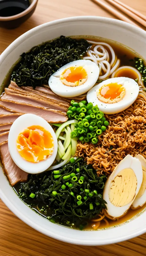 bowl of steaming hot ramen noodles, with a variety of toppings including sliced pork, boiled egg, green onions, and a sheet of nori (dried seaweed). The broth looks rich and flavorful, likely made from a combination of chicken, pork, and dashi.