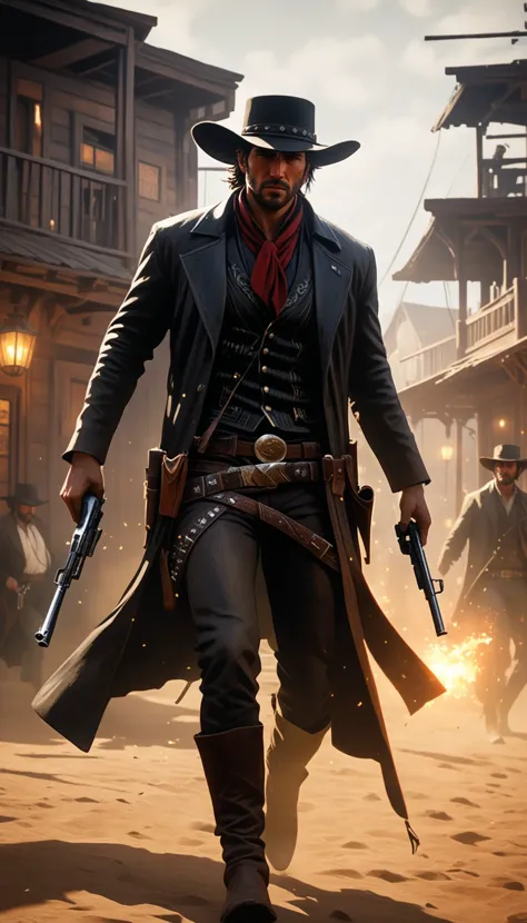 a man in a cowboy outfit holding two guns walking through a town