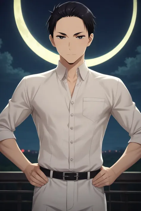 a man in a white shirt standing in front of a moon