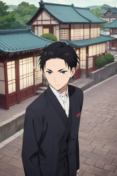 anime character in a suit standing in front of a building