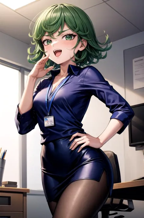 (masterpiece, best quality, detailed), 1girl, solo, looking at viewer, TatsuDef, green eyes, curly hair, green hair, bangs, blush, flipped hair, short hair, small breasts, thighs,
office lady, collared shirt, cleavage, lanyard, wristwatch, sleeves rolled up, pencil skirt, brown pantyhose, indoors, office, desk, office chair, <lora:OjouSamaPose:1>, ojou-sama pose, laughing, hand on hip, naughty face, smug