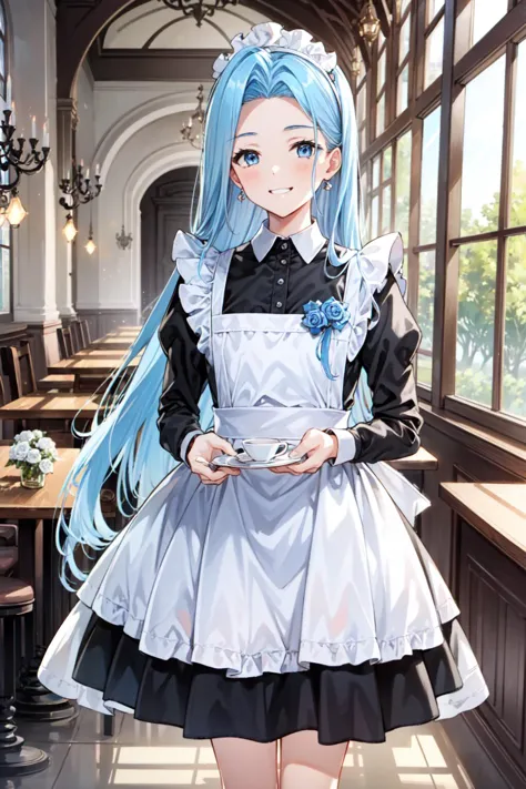 a woman in a maid outfit holding a bowl of food