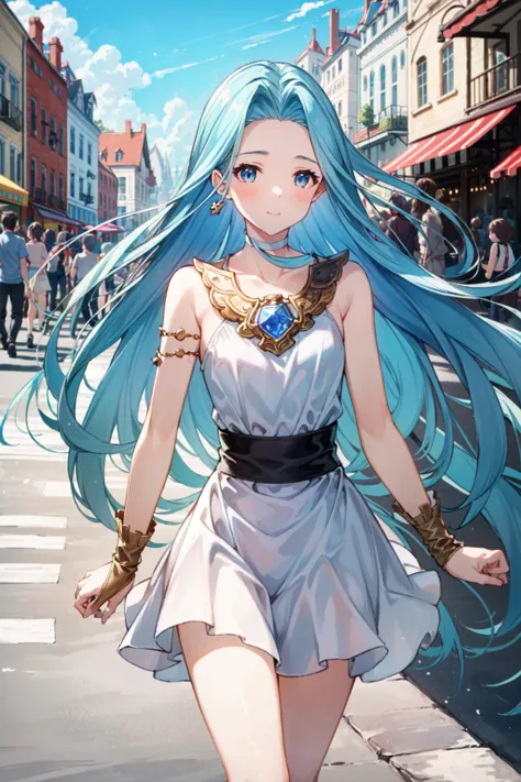 a close up of a person walking on a street with a blue hair