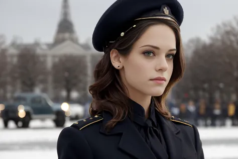 opt-lyndsyfonseca2010s, شعر بني غامق مضفر على شكل ضفيرة فرنسية, زي رسمي من القوات الجوية باللون الأزرق الداكن, قبعة, تحية,, ساحة عرض عسكرية في الخلفية