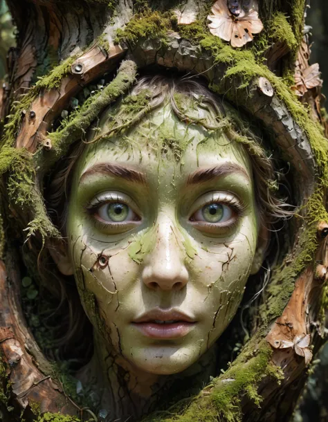 a close up of a statue of a woman with moss on her face