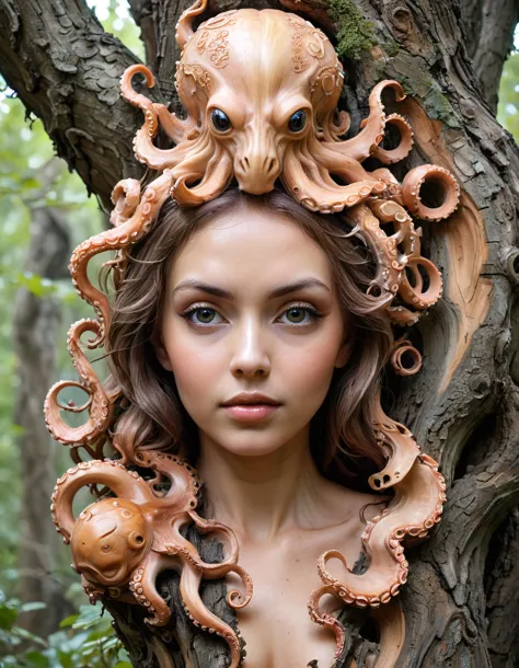 arafed woman with octopus headpiece in a forest