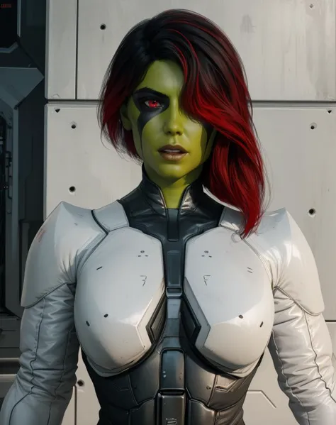 Gamora,green skin,multicolored hair,red eyes,hair over one eye,
black and white bodysuit,armor,
standing,upper body,serious, 
sc...