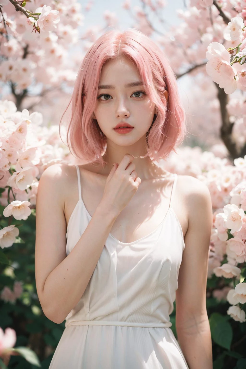 best quality, masterpiece, ultra high res, cowboy shot, (photorealistic:1.4), raw photo, official art, 1girl,natural skin texture, realistic eye and face details, parted lips, rouge \(makeup\), short hair, (((pink hair))),sun, cherry blossoms, many flowers, around, solo, standing, upper body, white dress, see-through, holding dress, pink style, blurry, depth of field,