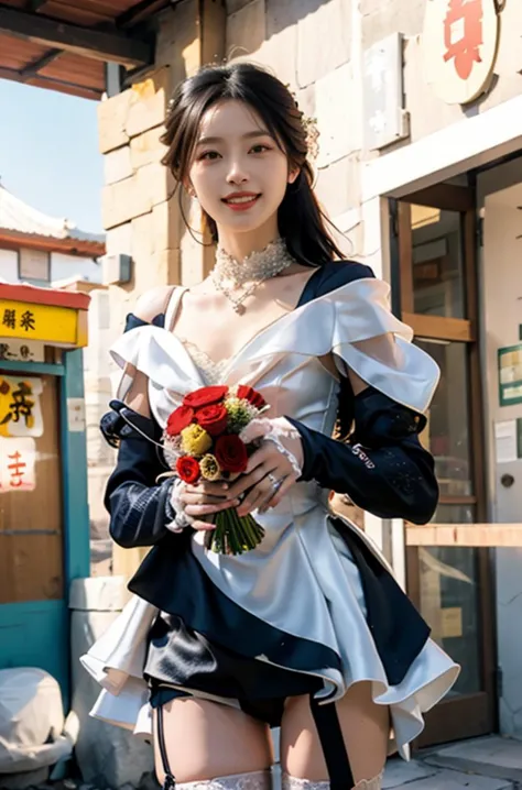 best quality,masterpiece,realistic,photorealistic,1girl,solo,looking at viewer,laughing,kind_smile,in winter,upside-down,bowing,comforting,dancing,firing,riding,smile,standing,cowboy shot,on back,red eyes,black hair,bride,dress,white dress,wedding dress,bridal veil,veil,elbow gloves,gloves,necklace,thighhighs,white thighhighs,holding bouquet,garden,flower,tree,<lora:tianfeng_filmgirls5:0.8>,<lora:hd_helper_v1:0.7>,Transparent Dress,zoo,chinese style architecture,convenience store,upskirt,from_below,looking_at_viewer,<lora:0254 Palace style wedding dress_v1:0.4>,, (Canon RF85mm f/1.2,best quality,Realisticity:1.4,Cinematic Lighting),(8k, RAW photo, best quality, masterpiece:1.2),(realistic, photo-realistic:1.4),cinematic lighting,photon mapping,