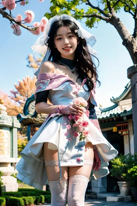 best quality,masterpiece,realistic,photorealistic,1girl,solo,looking at viewer,laughing,kind_smile,in winter,upside-down,bowing,comforting,dancing,firing,riding,smile,standing,cowboy shot,on back,red eyes,black hair,bride,dress,white dress,wedding dress,bridal veil,veil,elbow gloves,gloves,necklace,thighhighs,white thighhighs,holding bouquet,garden,flower,tree,<lora:tianfeng_filmgirls5:0.8>,<lora:hd_helper_v1:0.7>,Transparent Dress,zoo,chinese style architecture,convenience store,upskirt,from_below,looking_at_viewer,<lora:0254 Palace style wedding dress_v1:0.4>,