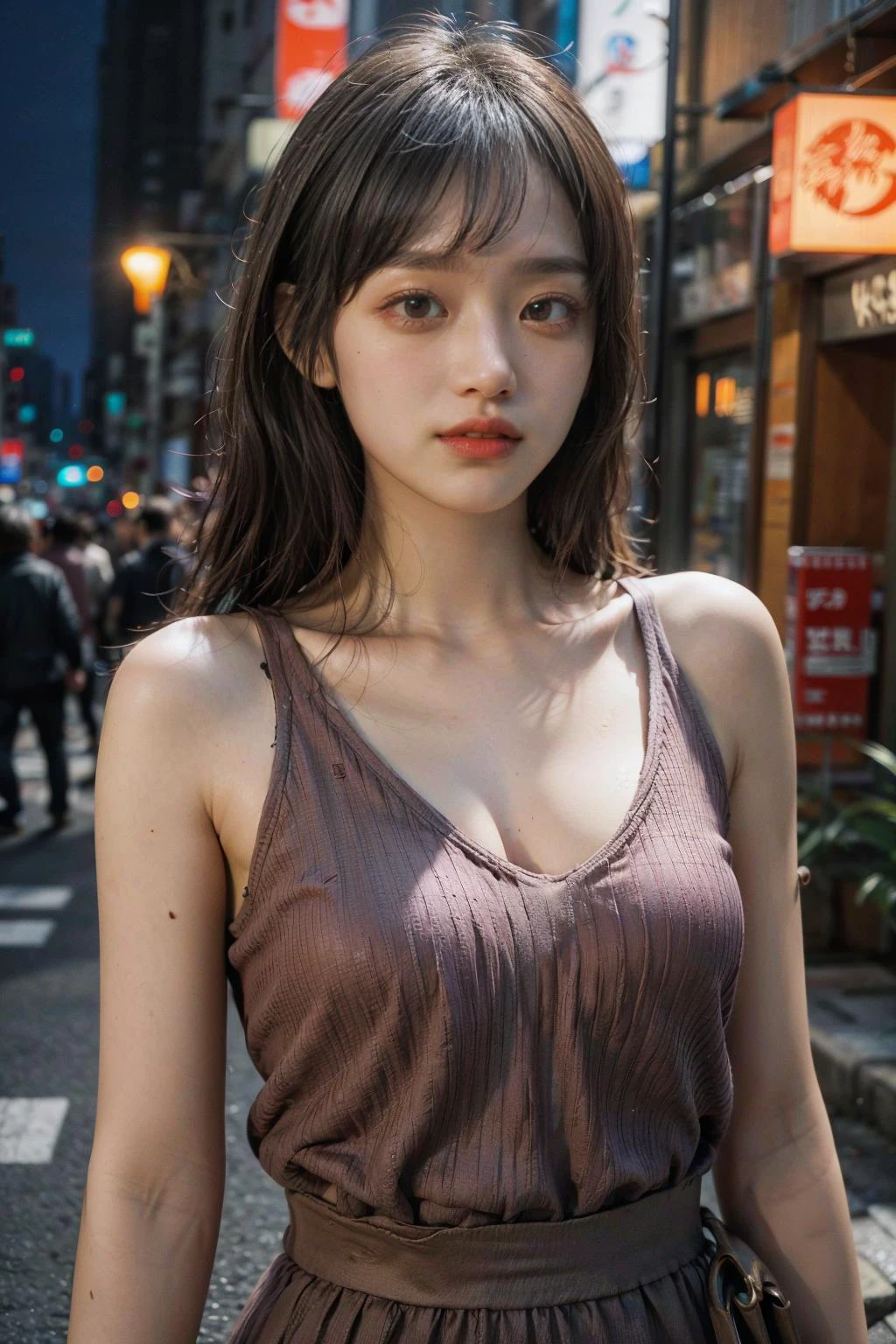 1 garota, Rua de Tóquio,noite, paisagem urbana,Luzes da cidade,tronco,fechar-se,Sorriso,, (8K, Foto CRU, melhor qualidade, Obra de arte:1.2),(realista, photo-realista:1.37),