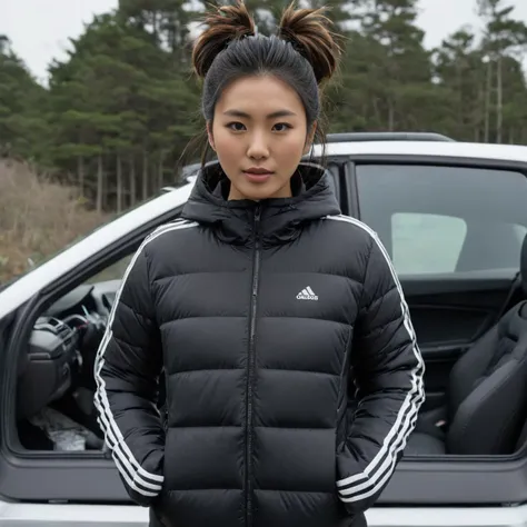 (dark cinematic still, dark vibes) sexy one japanese 25 year old women ,unique, wearing a hoodedblack adidas_puffer_jacket, uniq...