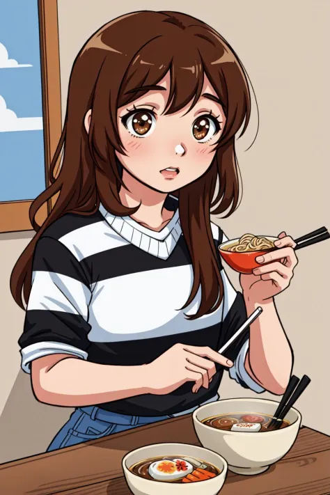 Emirichu, 1girl, brown hair, solo, retro artstyle, chopsticks, long hair, food, brown eyes, blush, eating, holding, striped shir...