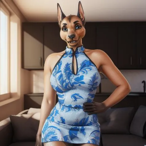 a close up of a woman in a dress with a dog mask on