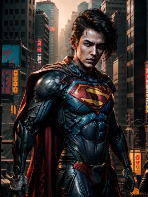 8k UHD, Photo by Nikon camera, masterpiece, (<lora:attire_superman:0.8> Superman, supermansuit, blue bodysuit, cape), (male), (m...