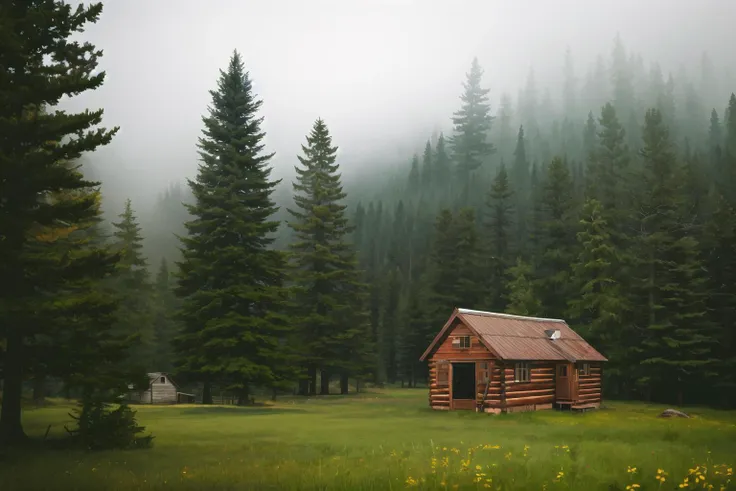 there is a small cabin in the middle of a field with trees