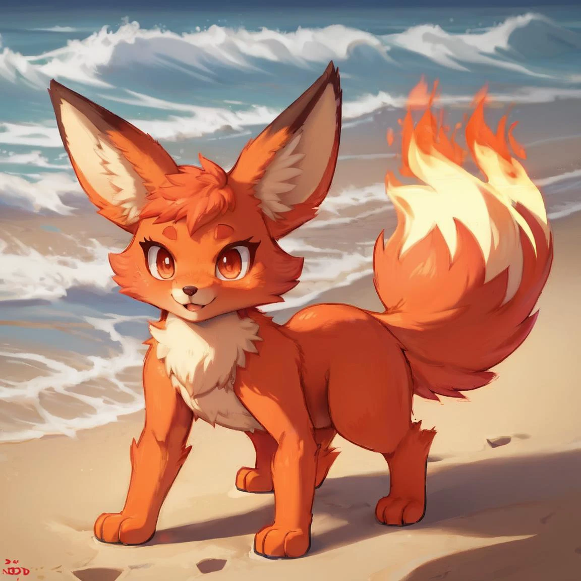 cute, very beautiful, fantastic,artistic, fire, flaming paws, animal, foxparks, on the beach (SFW:1)