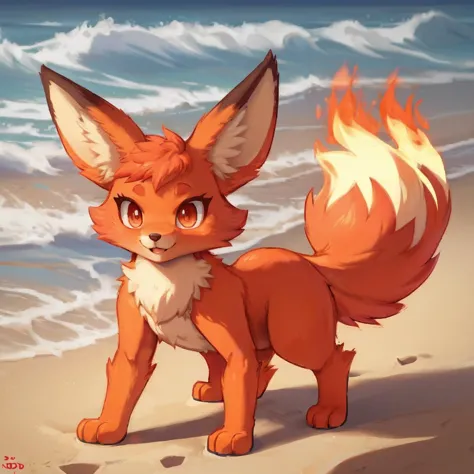 cute, very beautiful, fantastic,artistic, fire, flaming paws, animal, foxparks, on the beach <lora:Foxparks:0.7>, (SFW:1)