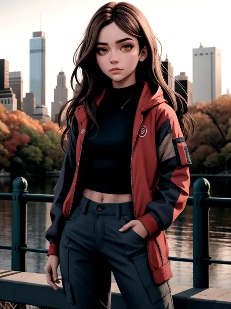 (ErinNobodySD15:0.7), AS-Adult,
woman, light brown eyes, dark brown hair, flat chest, small breasts, muscular, biceps, urban outfit, Caucasian, cute, 
central park New York city, city park, outside, modern, looking at viewer, facing the viewer, sunset, string lights, 
(masterpiece:1.2) (best quality:1.2) (detailed) (8k) (HDR) (cinematic lighting) (sharp focus) (detailed eyes),  
fit,  
 wearing Urban_Gal,