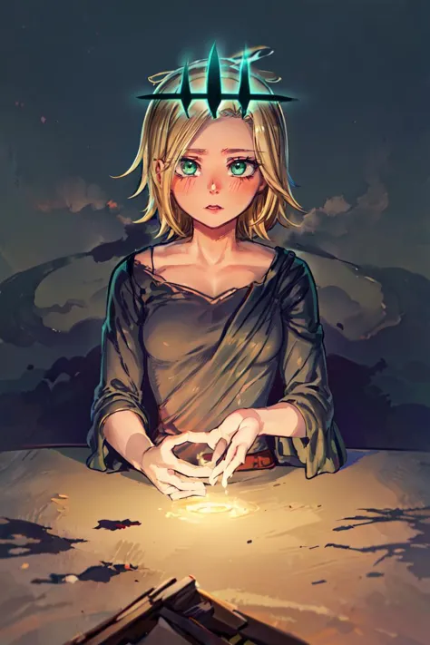 masterpiece, best quality, highres, solo, sdsElaine, elaine \(nanatsu no taizai\), blonde hair, <lora:elaine-nvwls-v2:0.9>, Rnatin, (crown, ruined \(league of legends\)), glowing, glowing eyes, green eyes, <lora:Rnatin:1>, forgotten underground bunker, survival supplies, abandoned quarters, hidden secrets, <lora:add_detail:0.5>