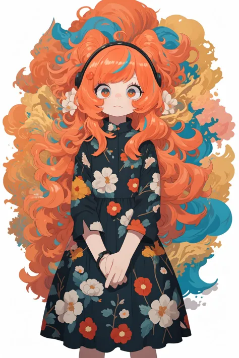 a girl with long red hair and a flowered dress